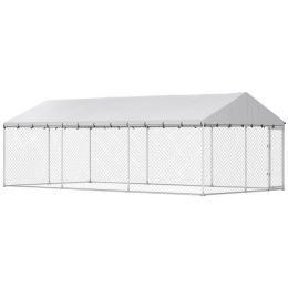 Heavy Duty Outdoor Dog Kennel with Waterproof Roof, 2 Secure Latches, Chain Link Dog Run for Backyard, 20' x 10' x 7' (Option: Silver-1560x270x280 mm)