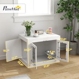 PawHut Dog Crate Furniture With 360 Rotatable Removable Dog Bowls, Dog Kennel Furniture For Medium Dogs, White (Option: White)